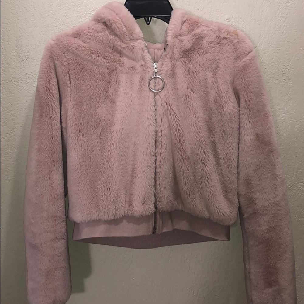 Forever 21 Pink Faux Fur Hooded Bomber Jacket